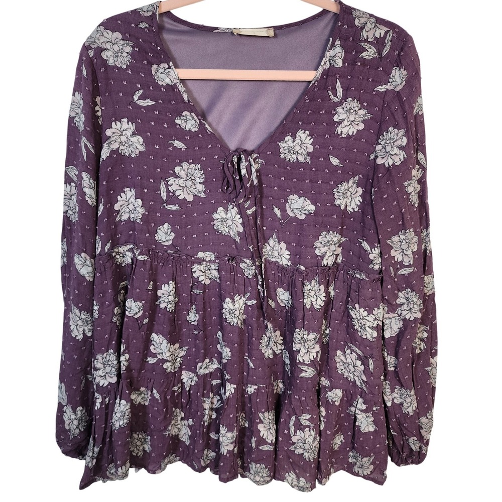Altard State Floral Tunic Long Sleeve‎ Tie V Neck Top Plum, Small Cottagecore